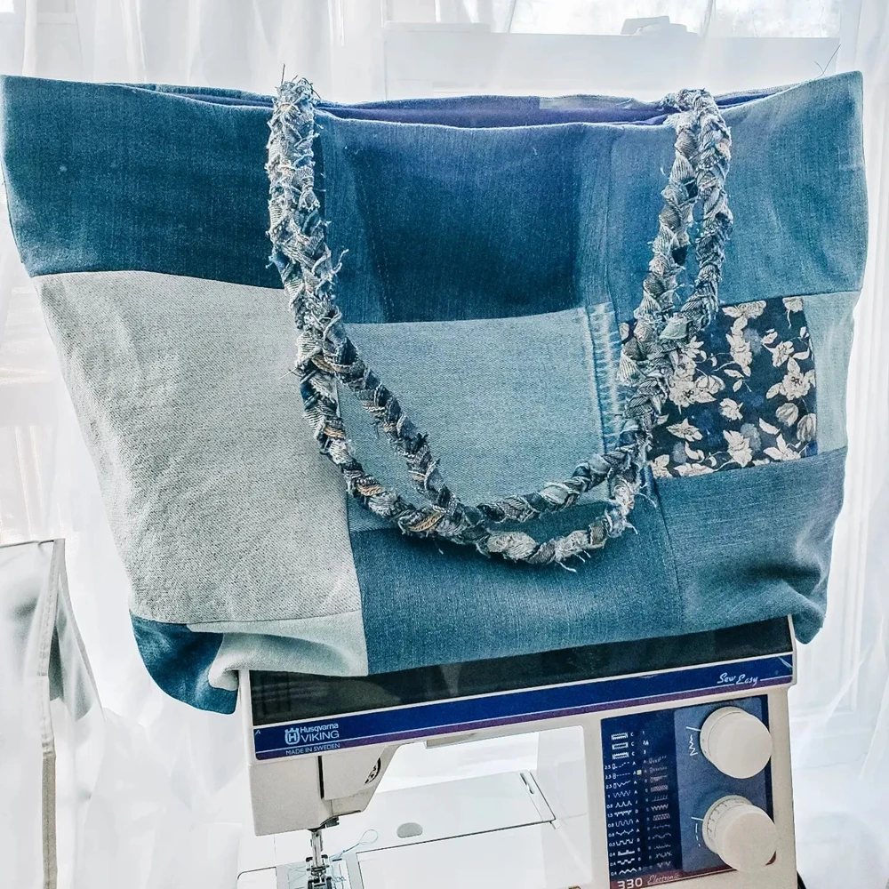 Eco-friendly Big Supermarket Handbags Reusable Grocery Daily Casual Denim Jeans Shopping Bag