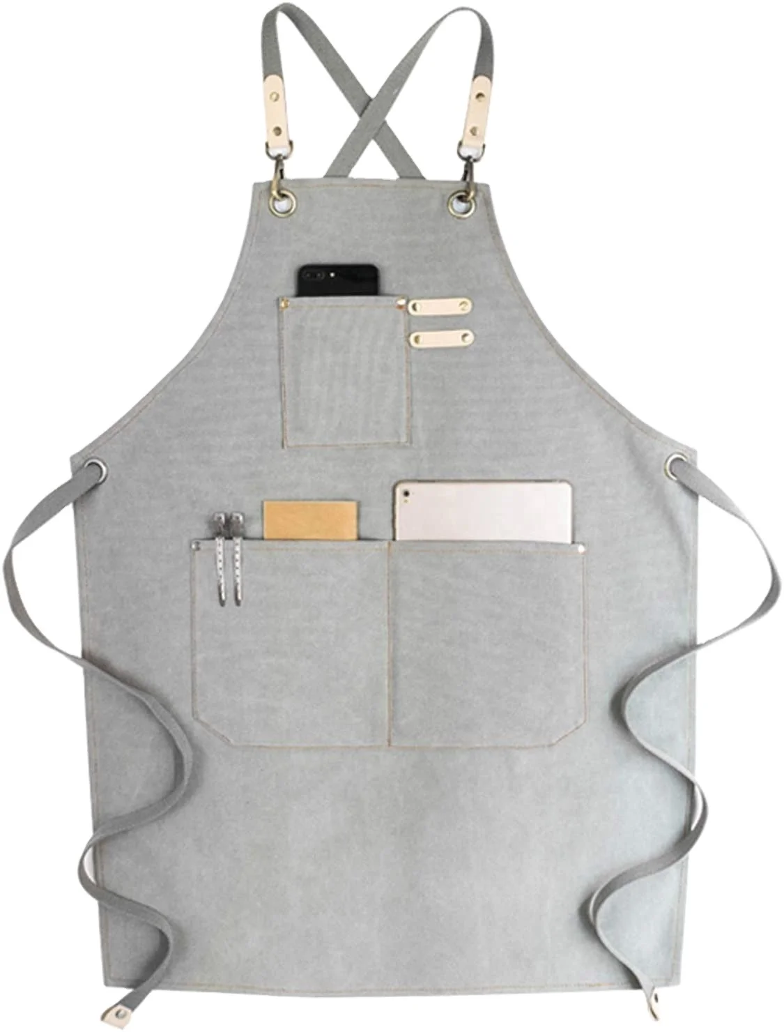 Unisex Long Cotton Logo Canvas Barber Apron Back Adjustable Tool Pockets Adjustable Bib Apron Wood Working Garden Apron