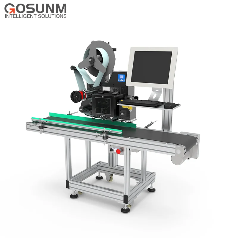 Adjustable height printing and label machine Real time printing label machine installed in sorting line