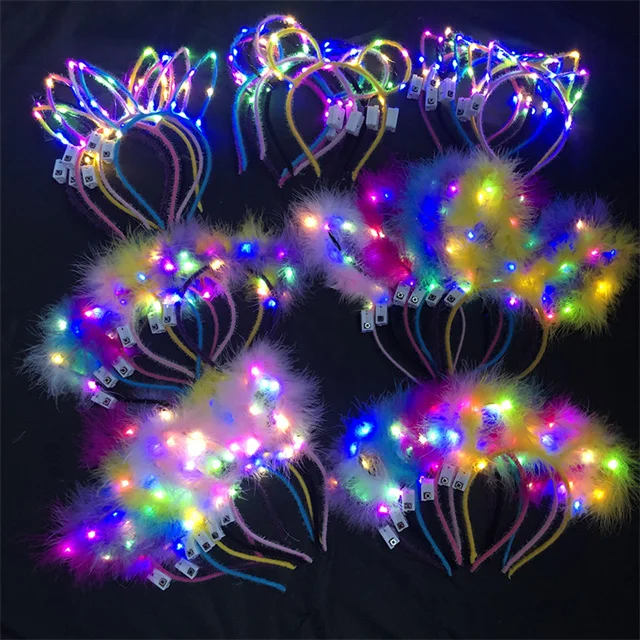 Hot Sale Colorful LED Glow Glitter Feather LED Hairband Headwear Luminous Glowing Bunny Ear Hair Band