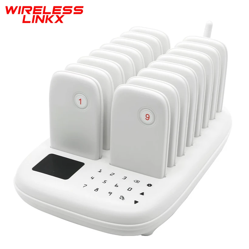 WirelessLinkx Restaurant Beeper Queue Customer Guest 16 White Wireless Pager System For Clinic Coffee Shop Church Food Truck
