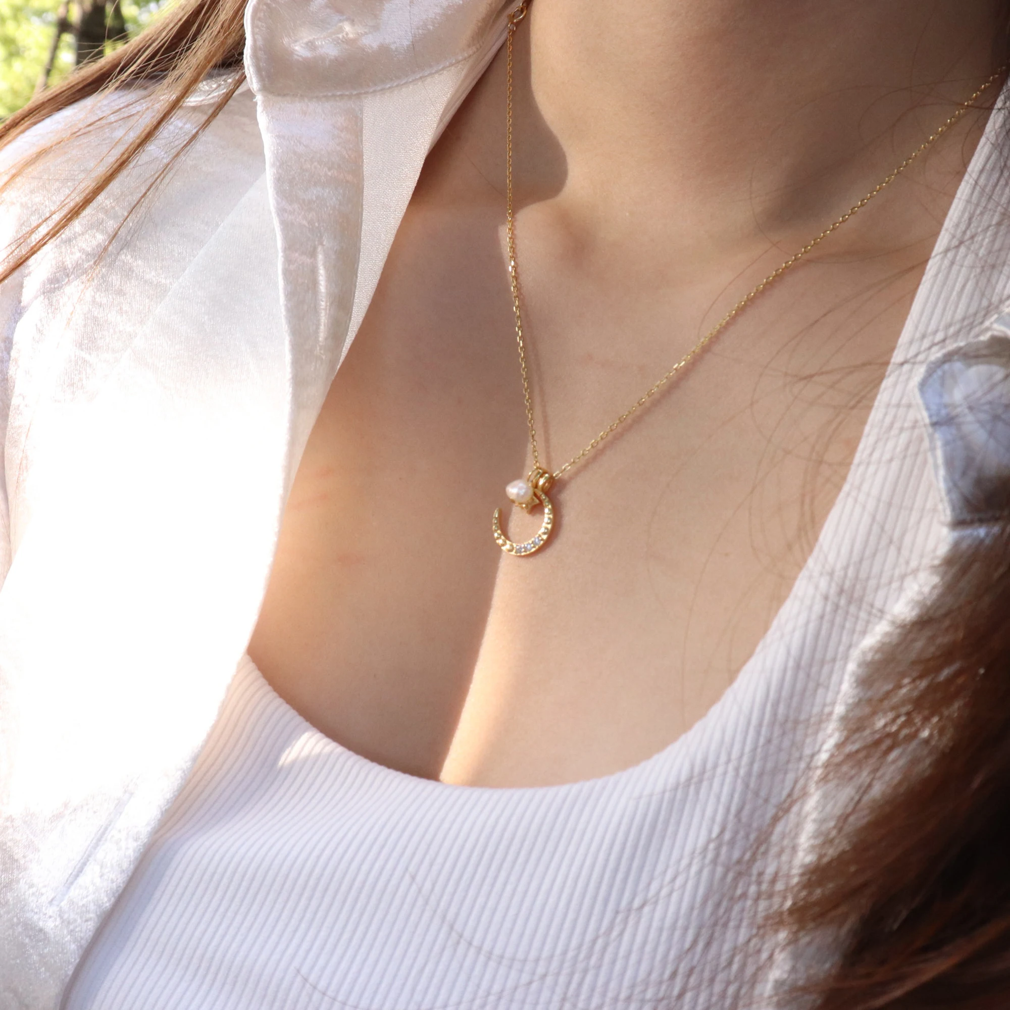 Chris April fashion design multi-way weaning 925 sterling silver gold plated moon and star pendant necklace with natural pearls