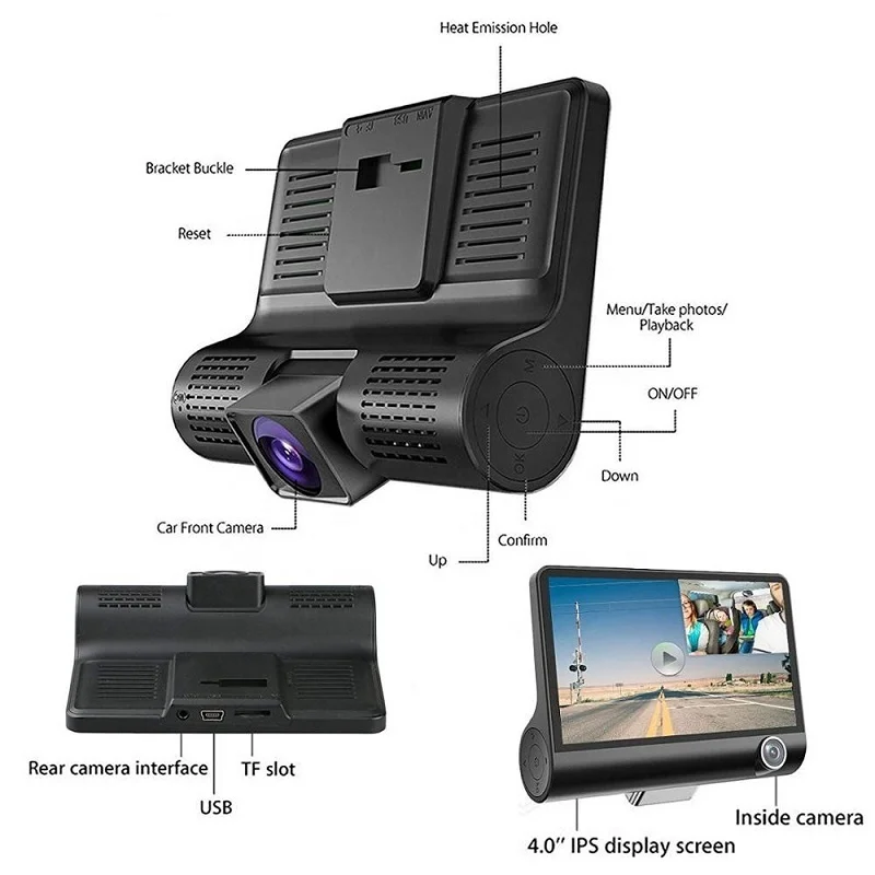 Car DVR 3 Cameras Lens 4.0 Inch Dash Camera Dual Lens support Rearview Camera Video Recorder Auto  Dvrs Dash Cam