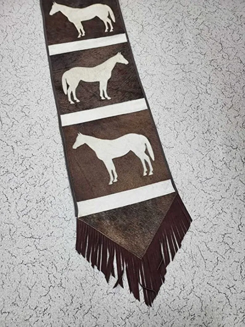 Hot selling New Genuine cow hairon fur embroidered table runner 72 inches handmade genuine cowhide leather Western fashion