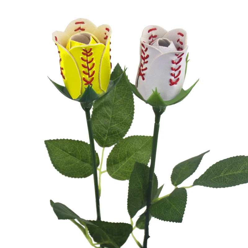 Softball leather white yellow long stem rose flower, game, sports, player, graduation year gift