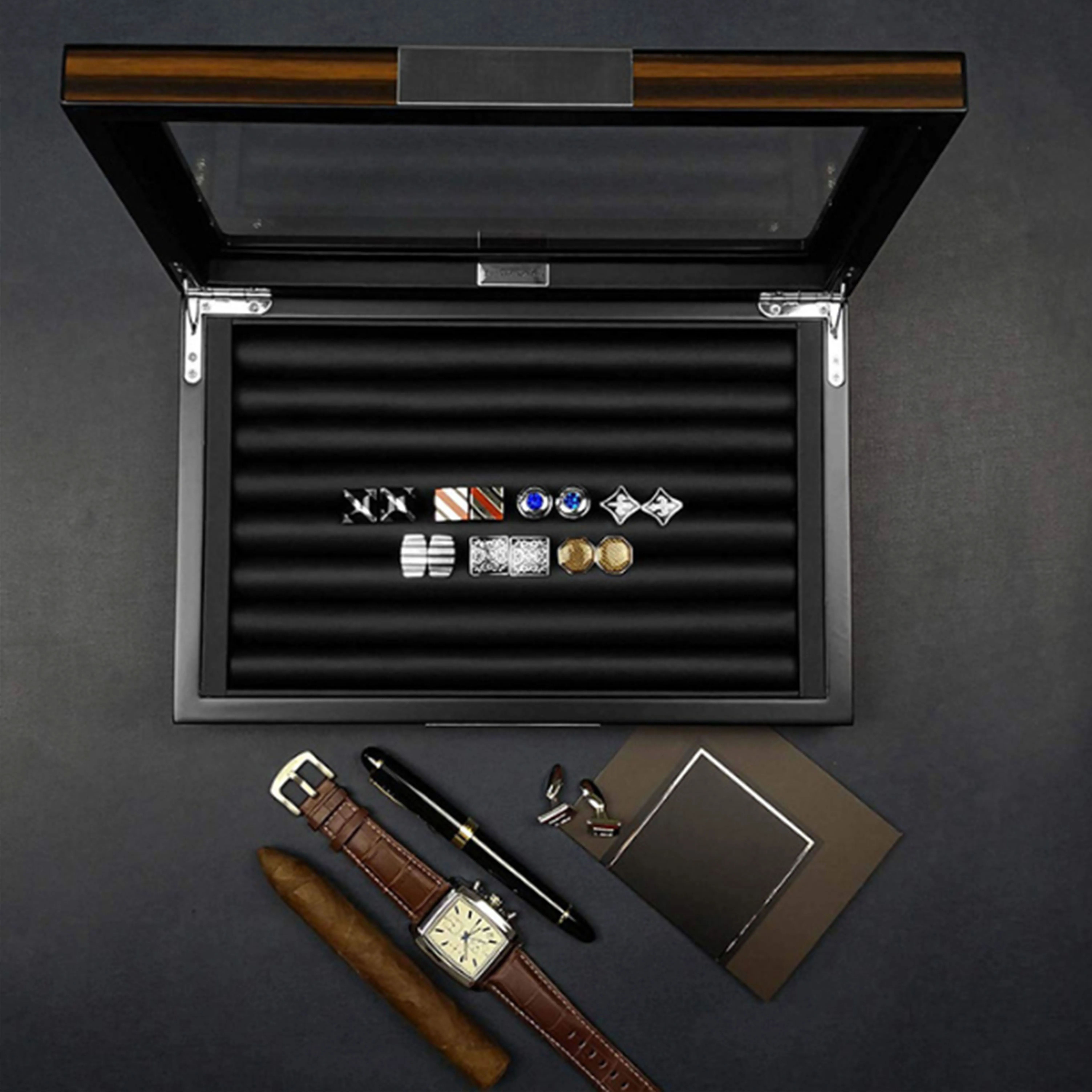wholesale Custom wooden luxury black watch & Cufflinks packaging single storage display gift box  jewelry storage packaging box