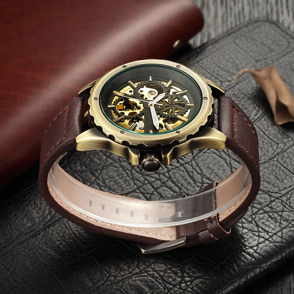 
Antique Bronze Watches Men Automatic Skeleton Wristwatches Vintage Top Men Luxury Brand Mechanical Watches Male Clock Gift 