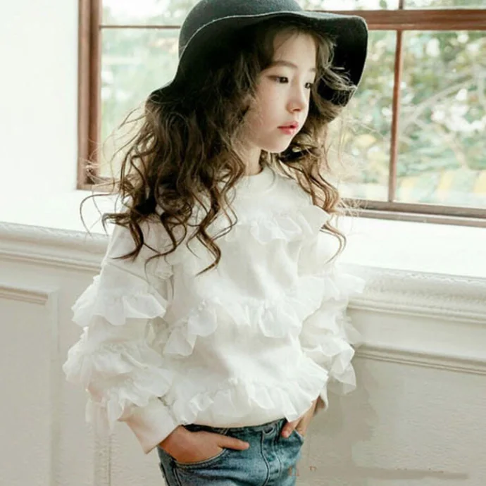 
KS0570 Fashion korean style girls black and white color sweatshirt tulle selvedge stitching t shirts 