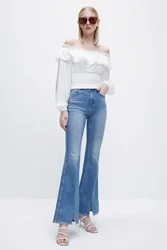 China Factory Wholesale Women Mid Rise Belt Loops vintage Light wash Straight Leg Jeans