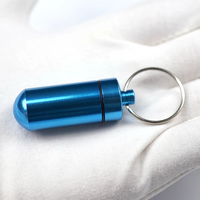 Blue Anodized Waterproof Capsule Shape Mini Portable Aluminum Alloy Metal Pill Box Container