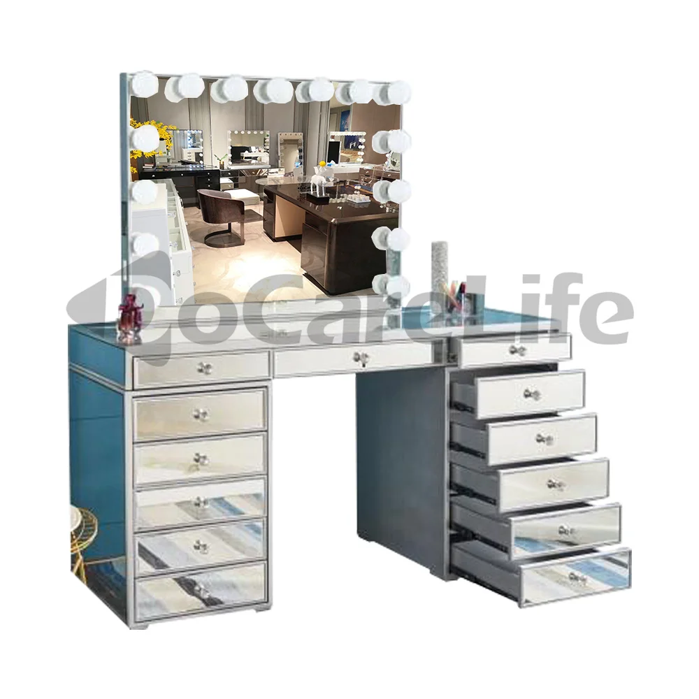 Docarelife Hollywood Furniture Modern Lighted Makeup Mirror Bedroom Dressers Glass Mirrored Vanity Set