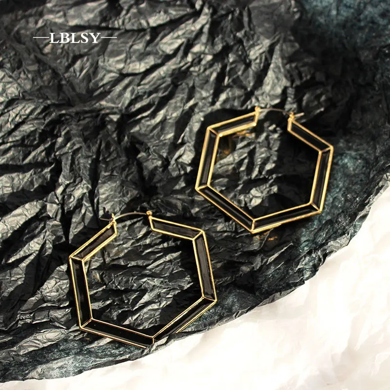 Black drop glaze large metal exaggerated square diamond hoop earrings