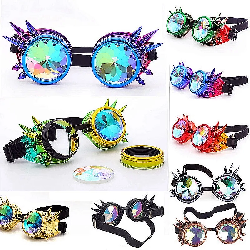 Wholesale Men Women Rivet Steampunk Goggles Cosplay Crystal Lenses Kaleidoscope Rainbow Glasses