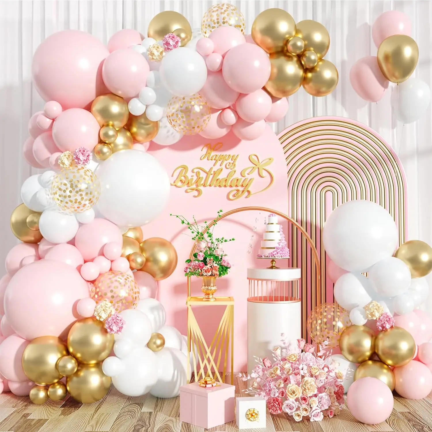 Pink and White Balloon garland Arch Kit 121PCS Pastel Pink White Gold Confetti Balloons for Girls Birthday Decorations
