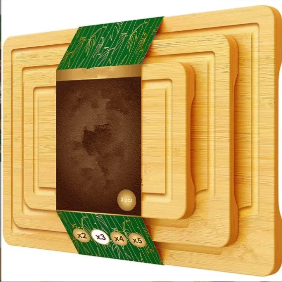 Custom Logo 3-Piece Natural Bamboo Kitchen Cutting Board Set Wood Chopping Boards for Meat Vegetables Fruits