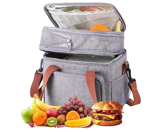 Extra Large Insulated Lunch Box for Men & Women, Double Decker Leakproof Lunch Bag with Strap, Foldable Cooler Bags