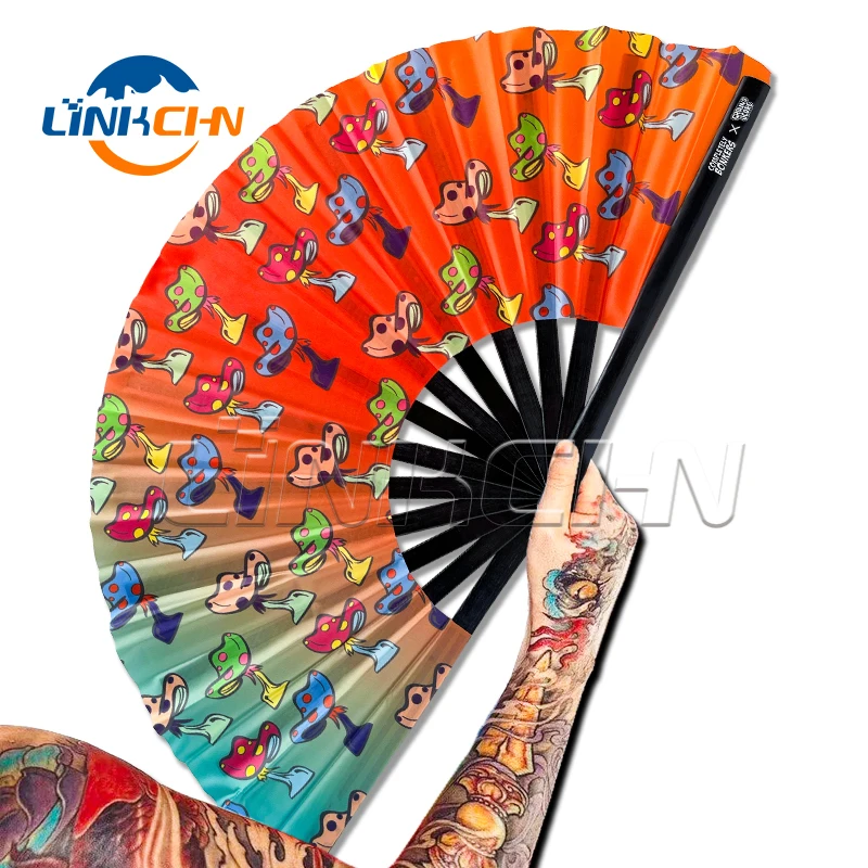Custom printed bamboo large hand folding fan for rave festival