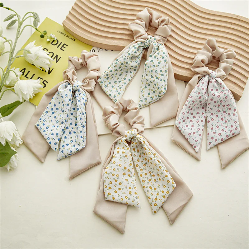 LRTOU Wholesale Fashion Spring Women Hair Tie Hair Accessories Ponytail Girls Sweet Flowers Bows Scarf Scrunchies