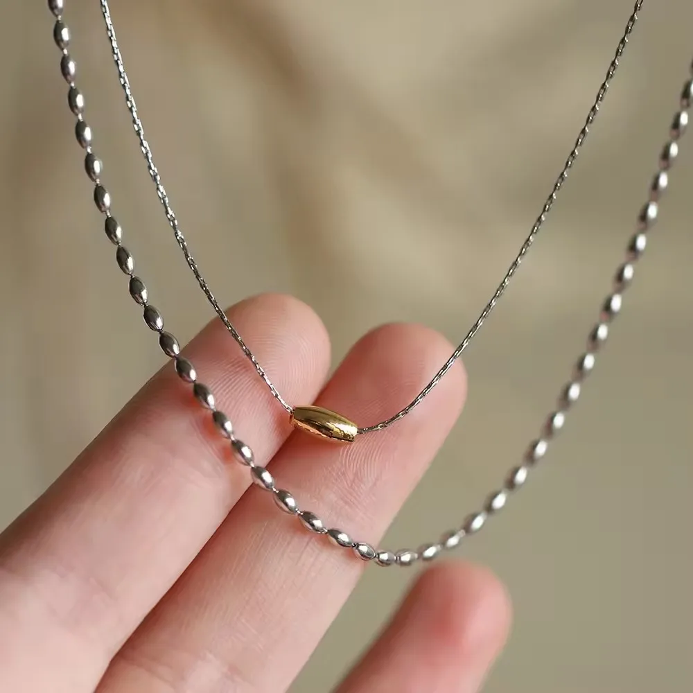 Italian luxury design double chain necklace S925 Sterling silver minimalist olive Shape chain