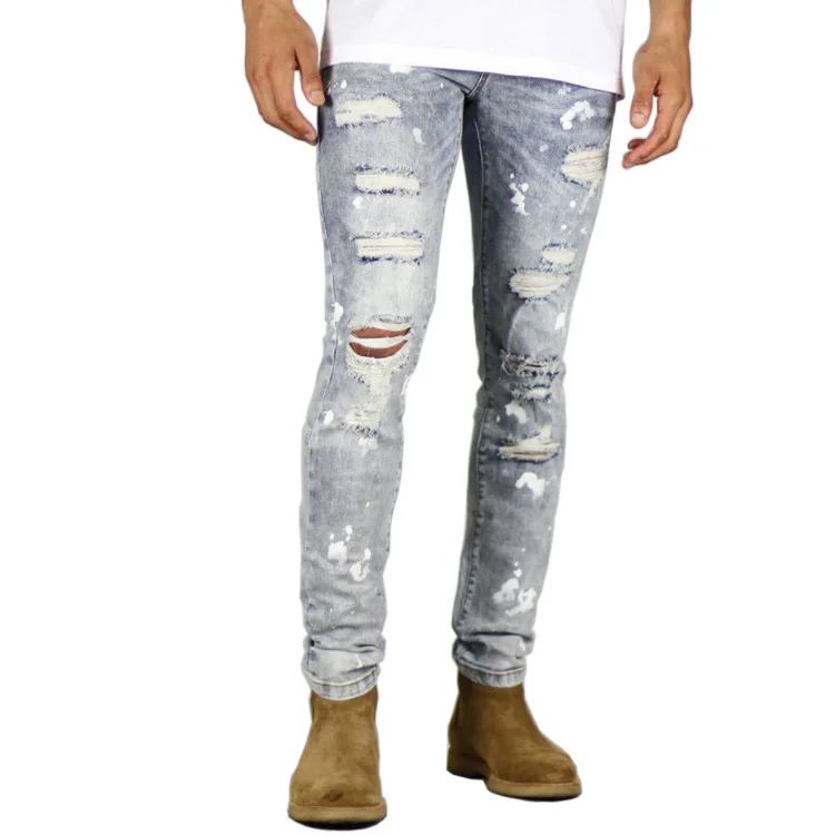 New Men Slim fit Slim pencil pants High elasticity Biker jeans Hole Cat claw destroyed Spray paint Leisure trousers