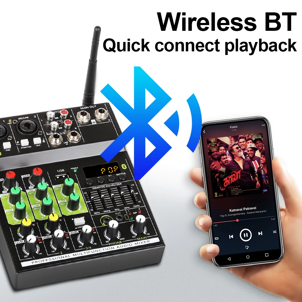 Biner UF5-M мини 4-канальный аудио DJ микшер консоль USB 48V питание профессиональный Утюг BT смеситель для кухни с двумя Mic usb