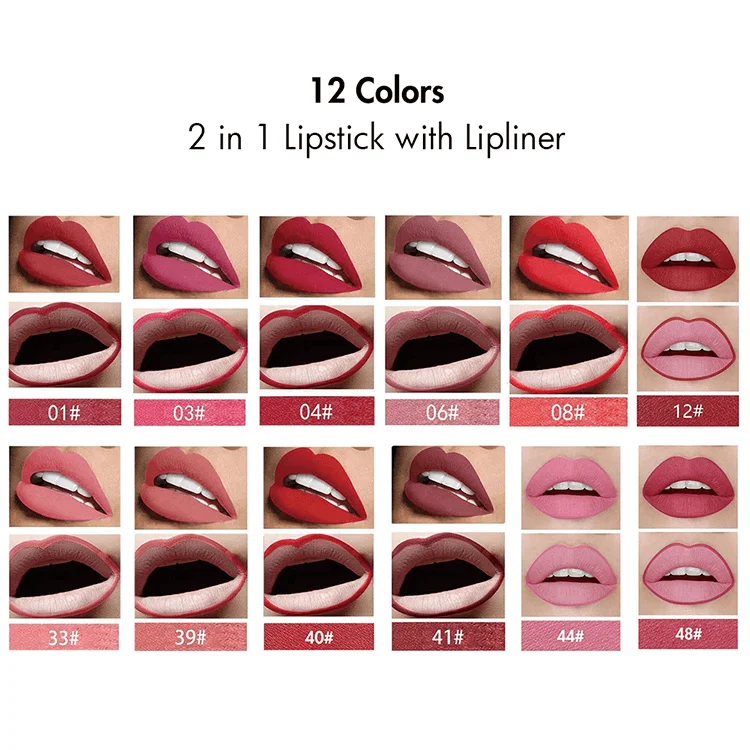 Низкий минимальный заказ 12 видов цветов 2 в 1 Lipliner, поставщик макияжа, высокопигментная долговечная помада с фирменной ярлыком, матовая помада Lipliner