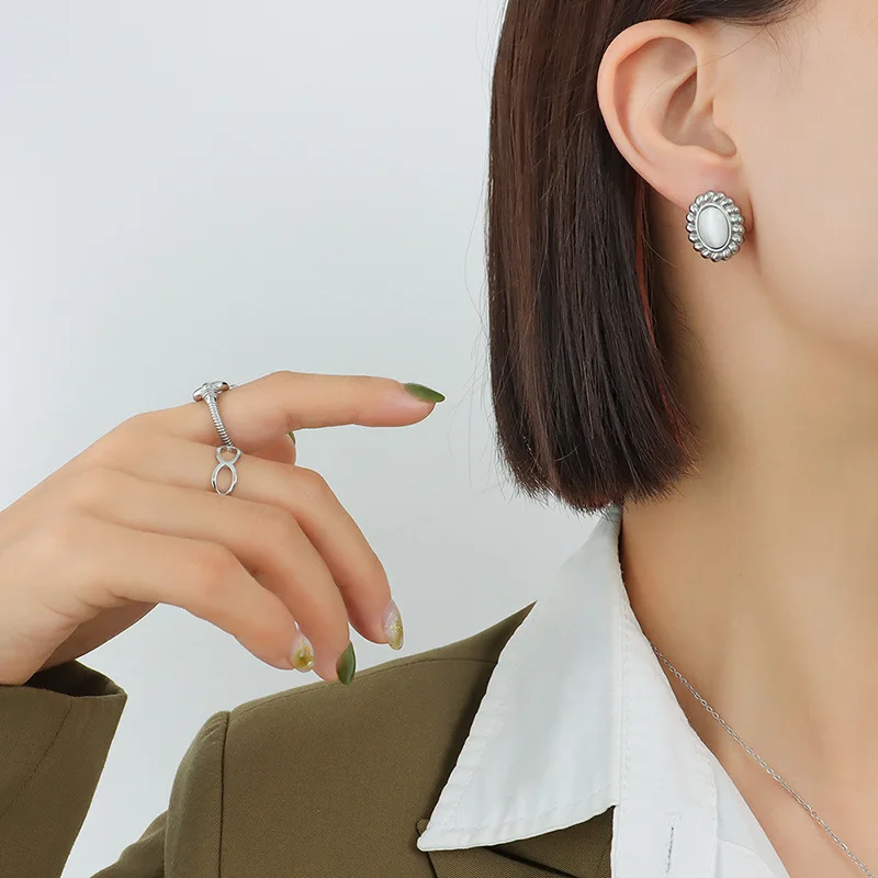 Sland Fine Jewelry Minimalist Designers Stainless Steel 18K Gold Plated Medallion Stone Opal Earrings Necklace Women Jewelry Set