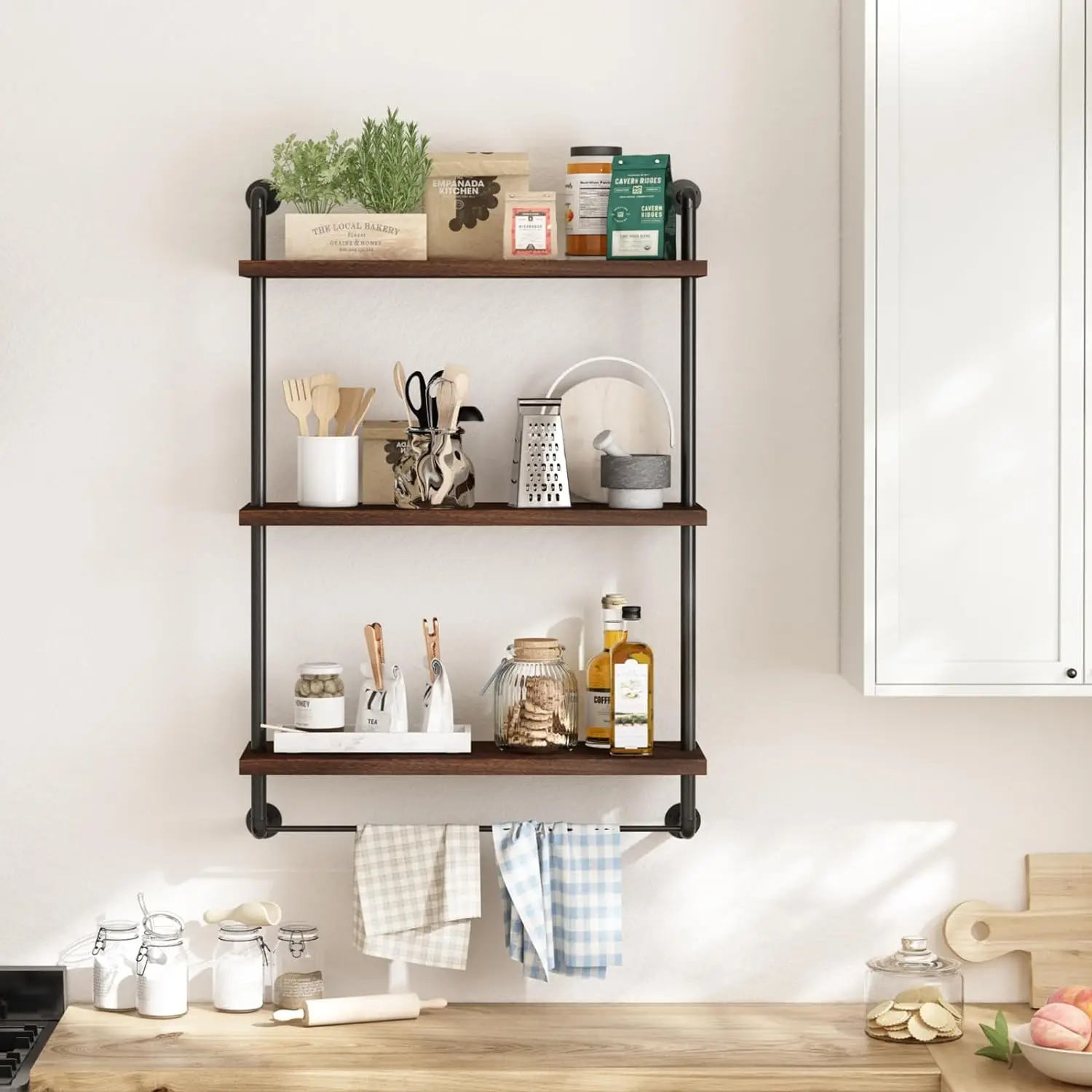 Fixwal 24in Over The Toilet Storage 3 Tier Bathroom Shelves Wall Mounted,Rustic Wood Industrial Pipe Shelf(Dark Carbonized Black