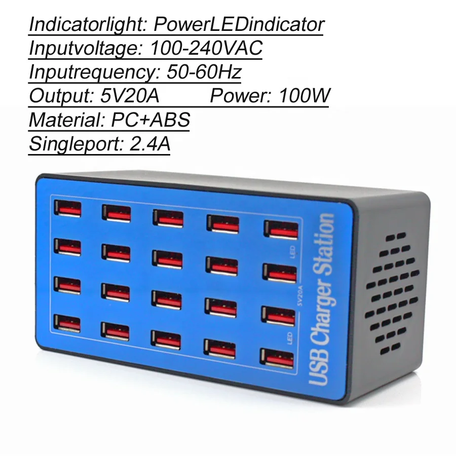 20-Port 20A 100W Multi USB Charger HUB USB Charging Station Dock Universal Mobile Phone Desktop Chargers for iphone