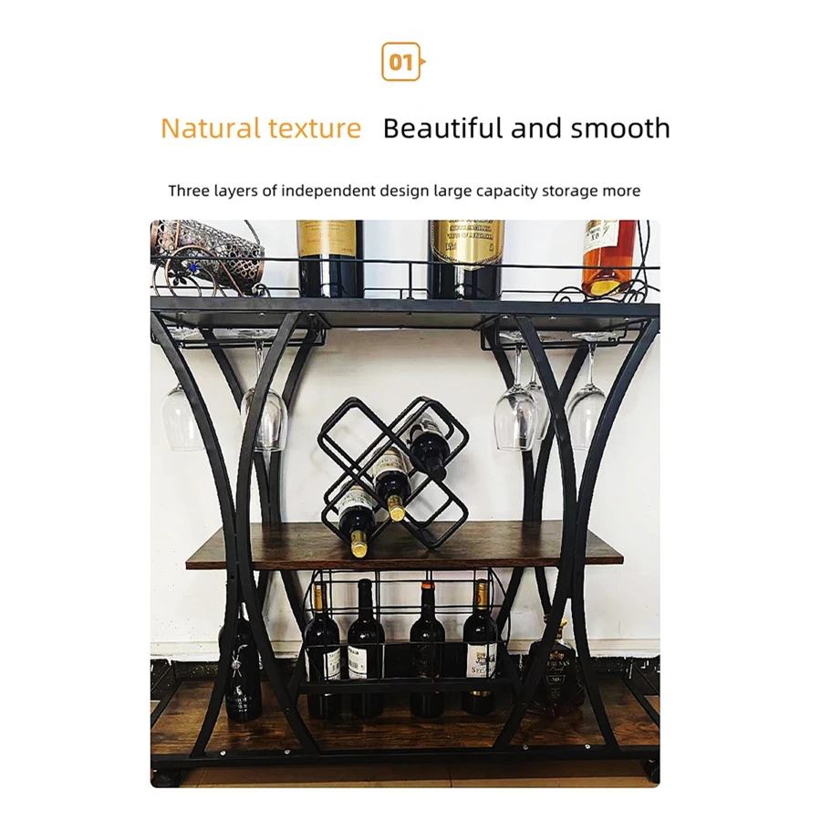 Living room  the bar  Removable 3 layer wooden metal cart metal wine rack wine glass rack