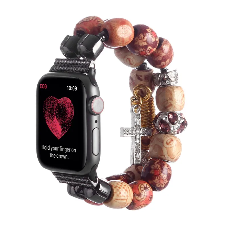 Wooden Beads Watch Strap with Handmade DIY Watch Bracelet For Apple Watch 38 40 42 44
