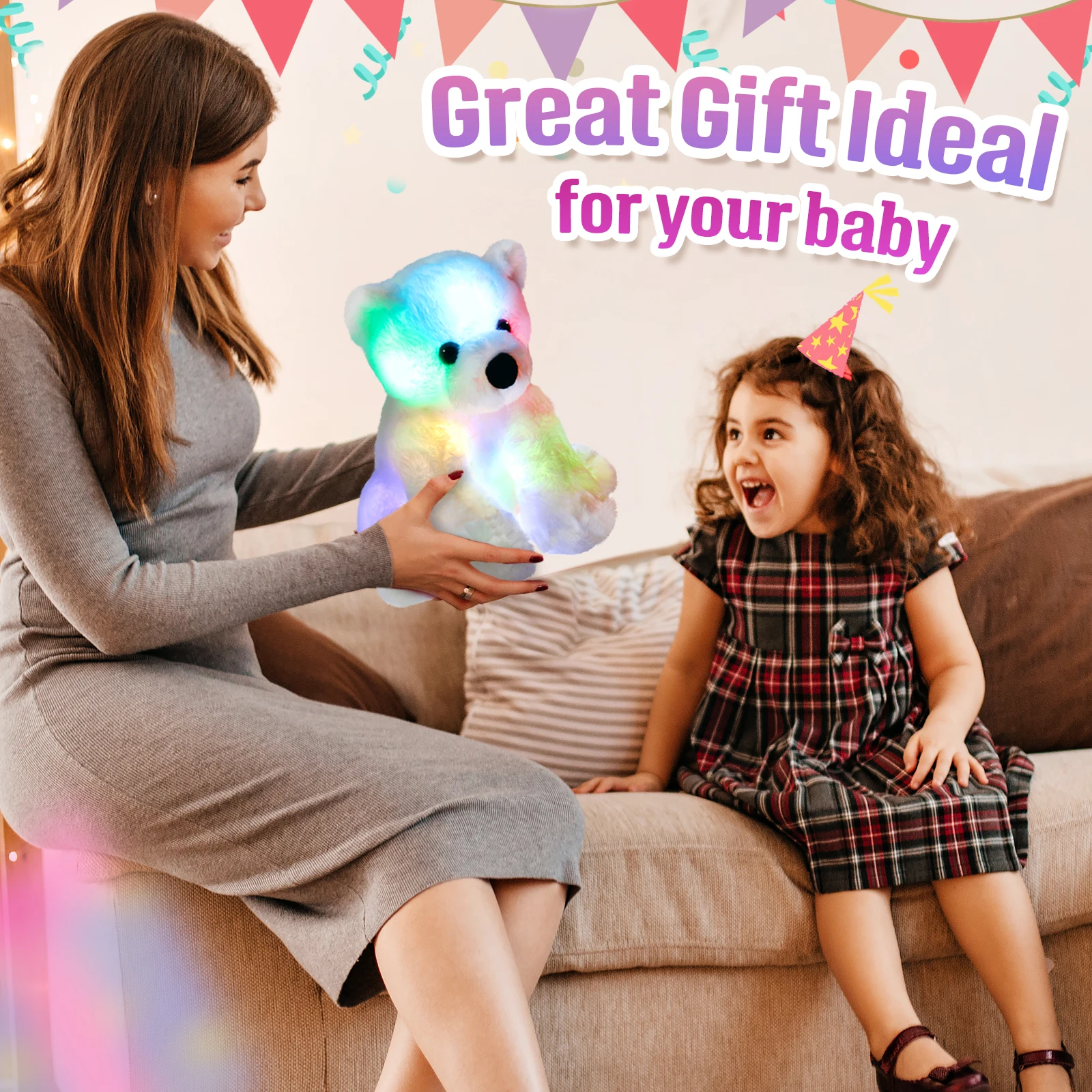 Bstaofy Glow Polar Bear LED Stuffed Animals Night Light Soft Plush Adorable Floppy Toy Gift for Kids on Christmas Birthday