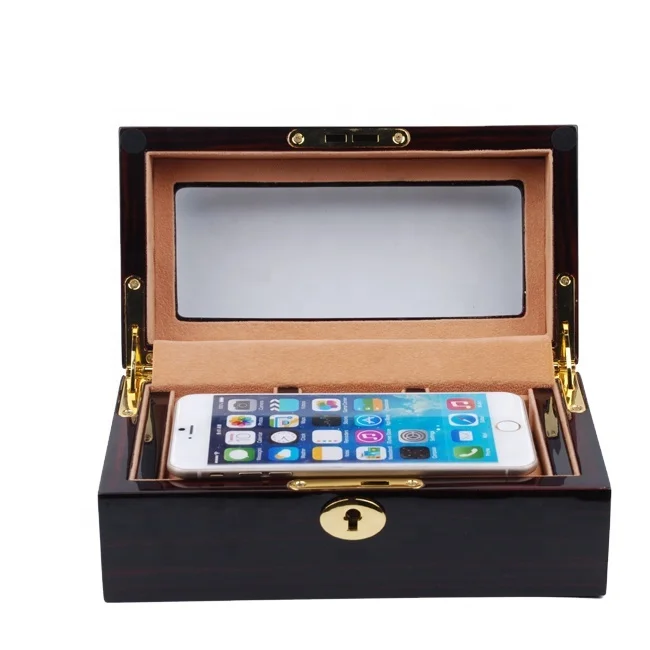 Seminai/Ebony Piano Lacquer High Glossy Finish Top Glass Window Lid Luxury Wooden Box For Mobile
