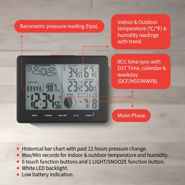 Factory Direct With Backlight Modern Digital Smart Table Clocks Weather Forecast Station with In/Outdoor Temperature & Humidity