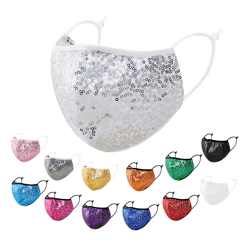 2021 Hot Selling Washable Reusable Cosplay Party Fancy Decoration Custom Logo Printing Silver Sequin Face Mask For Adult And Kid