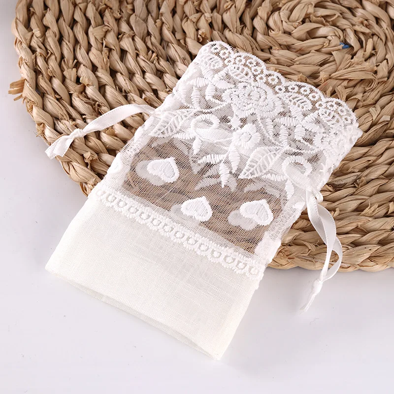 Wholesale Small Drawstring Pouches White Organza Lace Jewelry Pouches and Candy Pouches for Weddings and Parties
