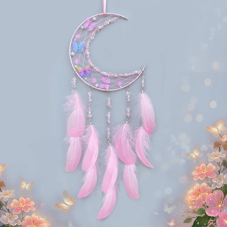 New Promotion Hot Style Handcrafted Macrame Crystal Indian Feather Dream Catcher Moon Butterfly