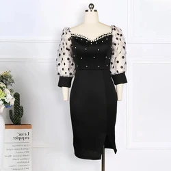 Off Shoulder Polka Dot Mesh Beading Sexy Black Bodycon Women Dresses Gowns Wear Long Evening Party Dress For Event Occasion