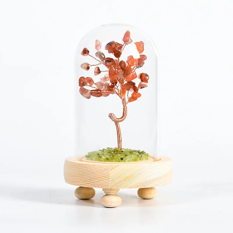 Chakra Healing Crystals Copper Money Tree Light Lamp Natural Rose Quartz Vase Feng Shui Luck Figurine with Glass Casing