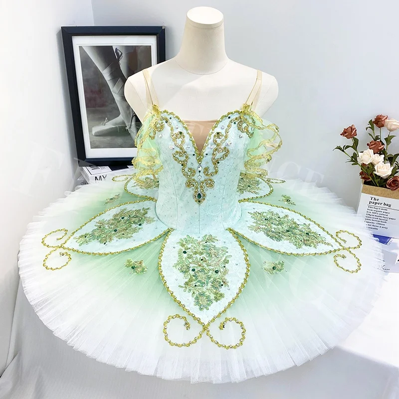 T1116 Customized Service  Adult Kids Light Green Patterns Stage Dancewear  Ballet Professional Performance Tutu