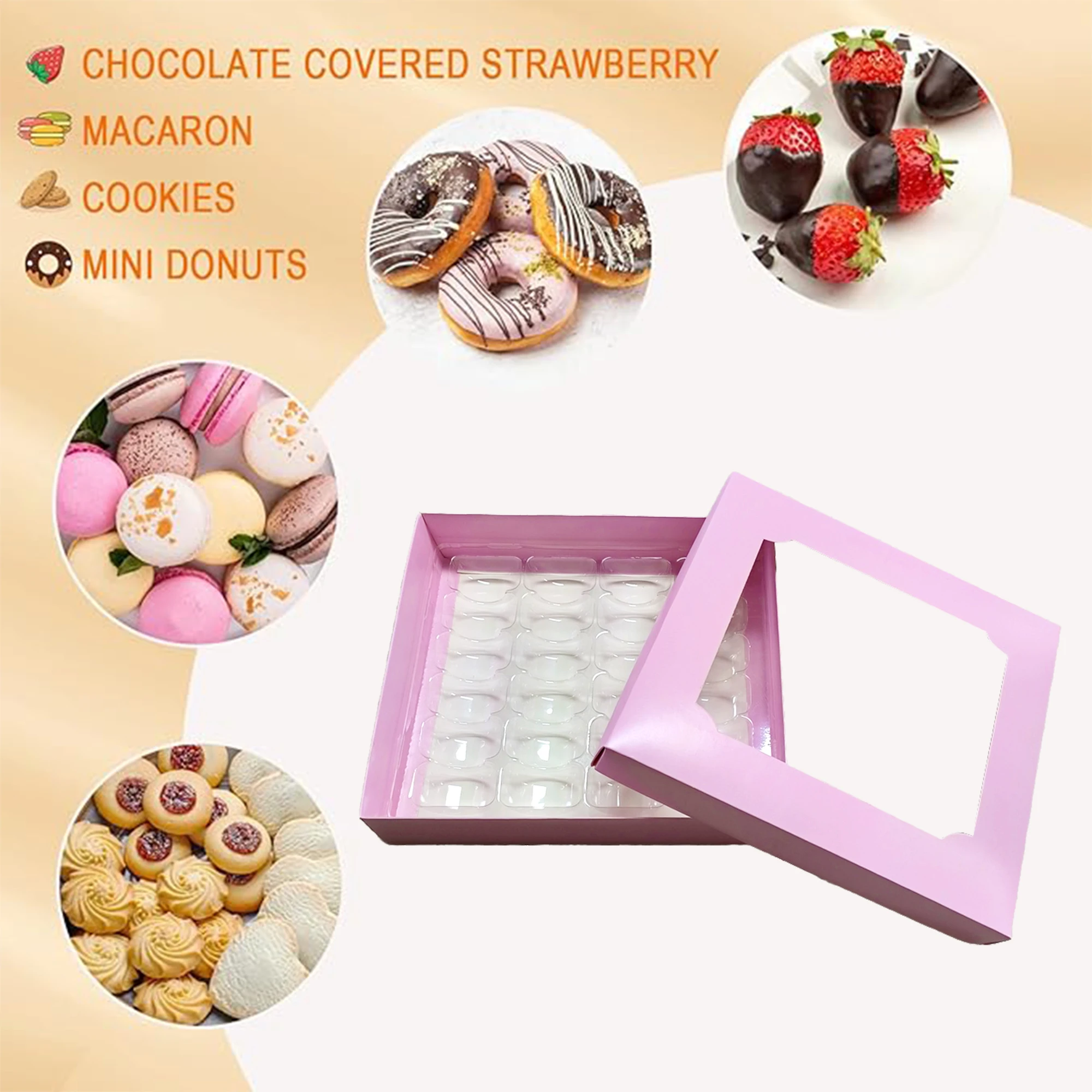 Food Grade Kraft Paper Clear Window 24 Pink Color Macaroon Box Macaron Food Packaging Boxes With Plastic Insert