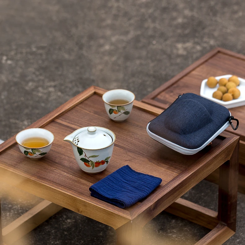 Chinese Ceramic Tea Set with 1 Teapot and 2 Cups for Adults Handmade Portable Travel Gongfu Tea Pot with Teacups and Case