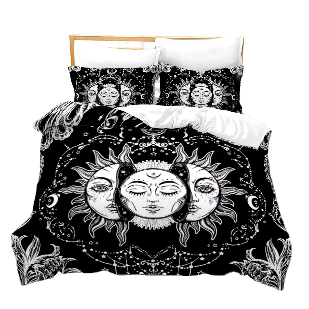 Sun Moon Comforter Cover Set Stars Space Psychedelic Duvet Cover Black and White Bedding Set 3pcs for Kids Boys Teens Microfiber