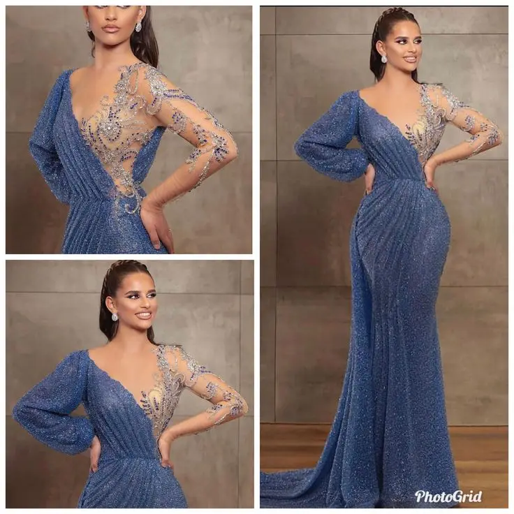 Mermaid _ Trumpet Evening Gown Elegant Dress Formal Christmas Court Train Long Sleeve Illusion Neck Sequined with Pleats Sequin