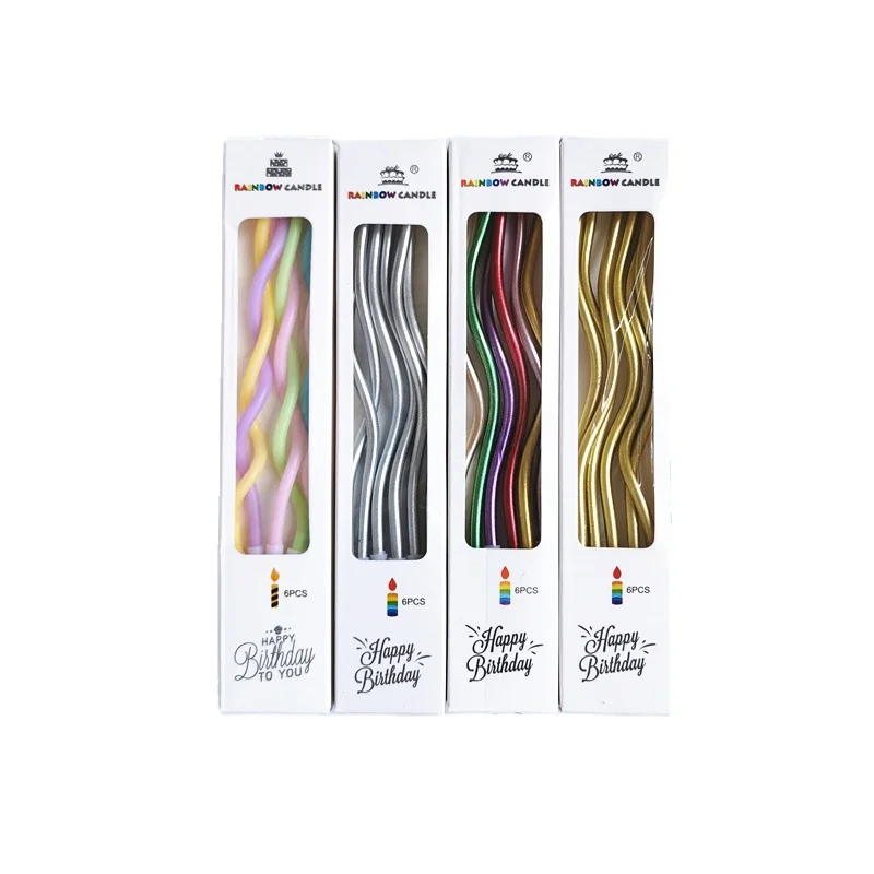 
Wholesale Colorful Rainbow Curly Coil Long Thin 6 Pack Cake Tall Birthday Curve Candles 