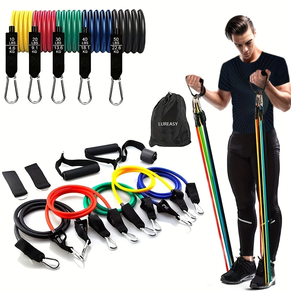 T317 11PC Home Fitness Loop Exercise natural rubber Resistance Bands Set Elastic Pull Ropes for Indoor Strength Training