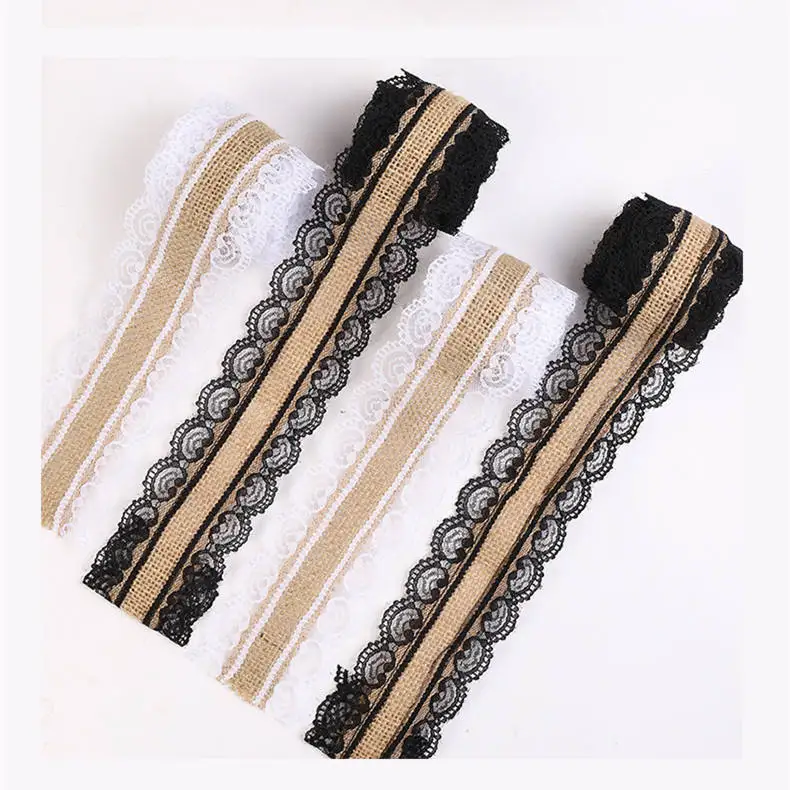 natural burlap jute ribbon with black lace trims tape for DIY rustic hessian craft ribbon for vintage wedding wreath burlap roll