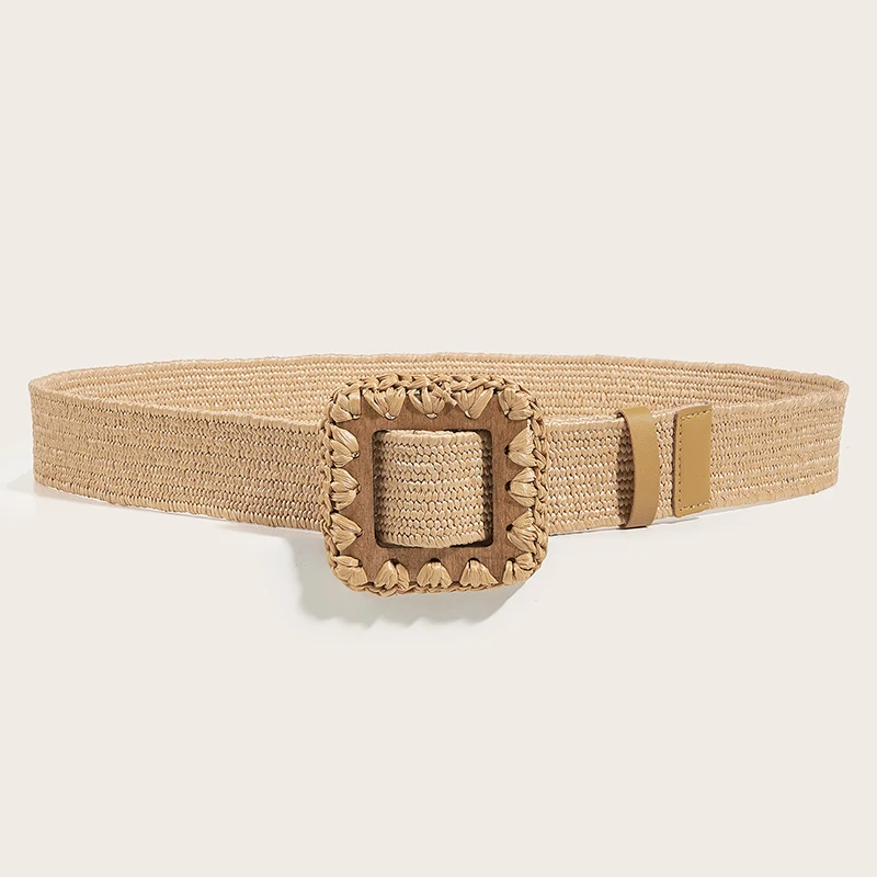 Wholesale Bohemian raffia Square Wood Buckle Rattan Braided Stretch Waistband women Khaki PP Straw Elastic Waist Female Belts