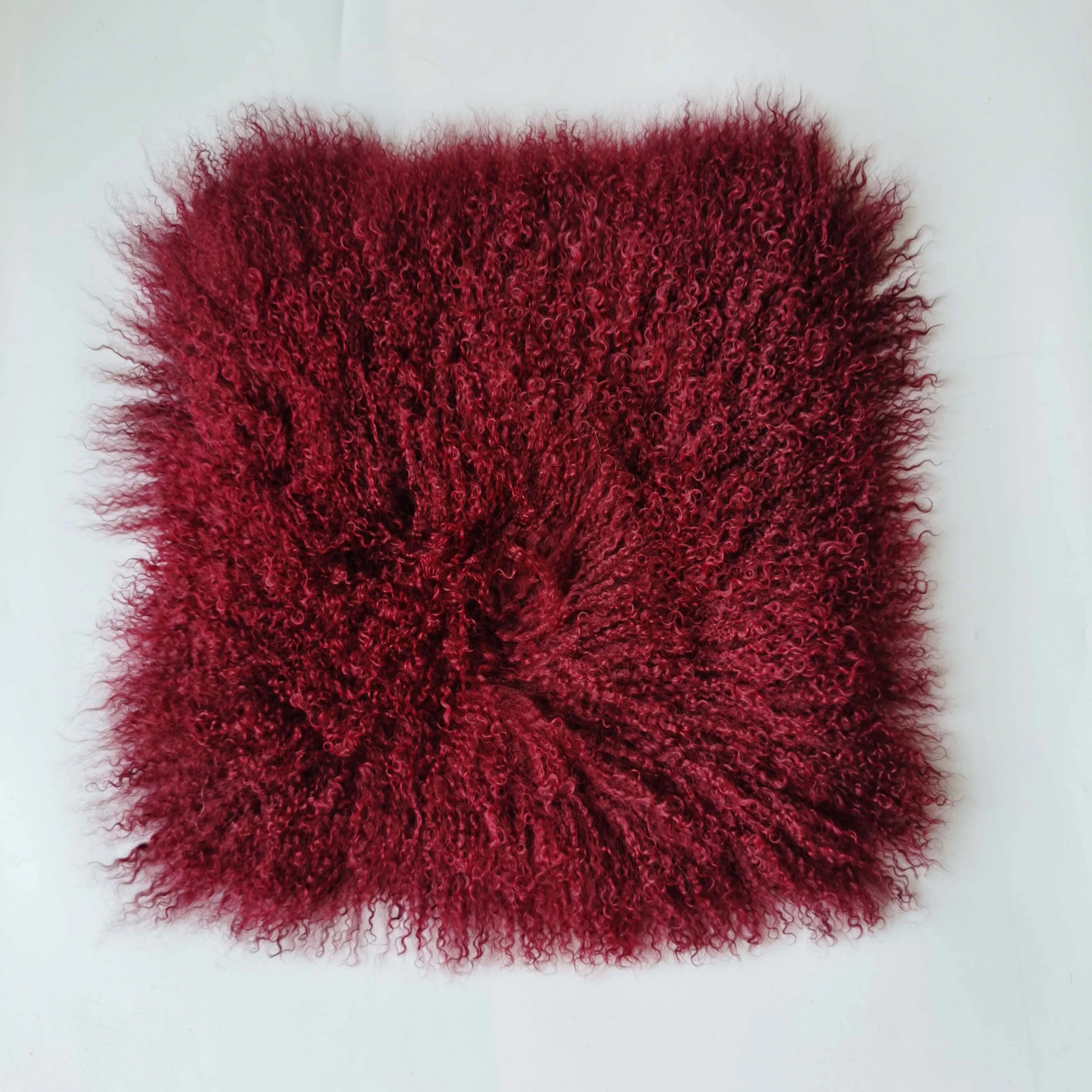 Factory Price Decorative Cushion Real Tibet Sheepskin Long Curly Hair Tibetan Lamb Fur Bed Throw Pillow