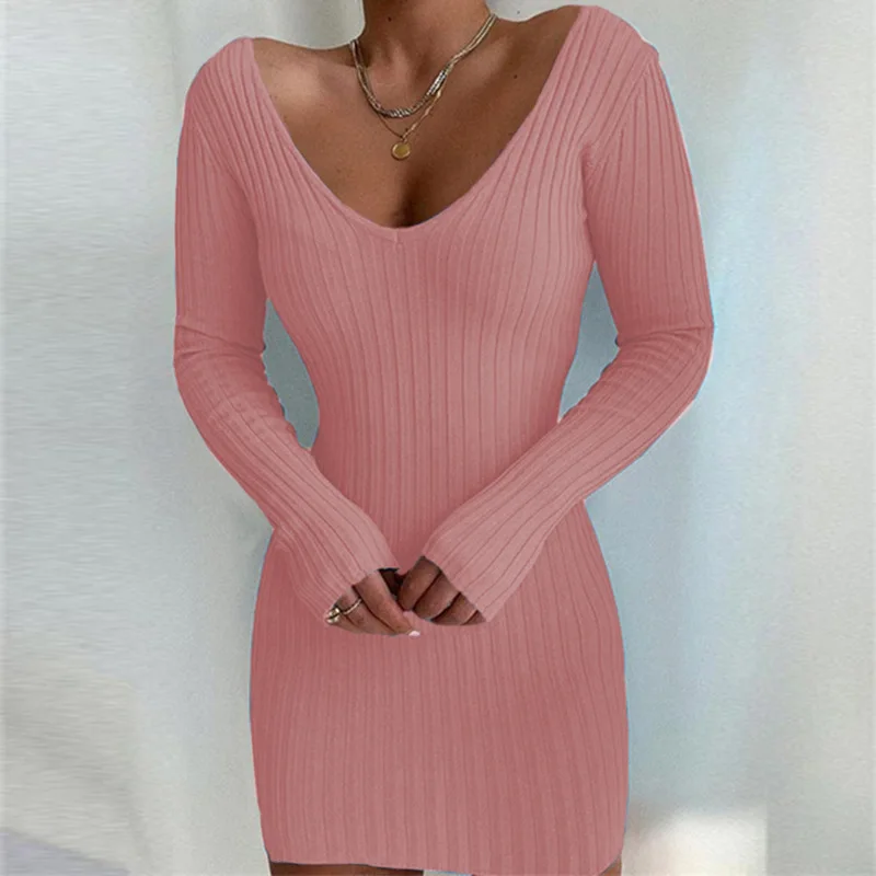 2022 Autumn And Winter New Arrivals Causal Sexy V-neck Mini Dress Slim Long-sleeved Knit Sweater Dresses For Women Ladies